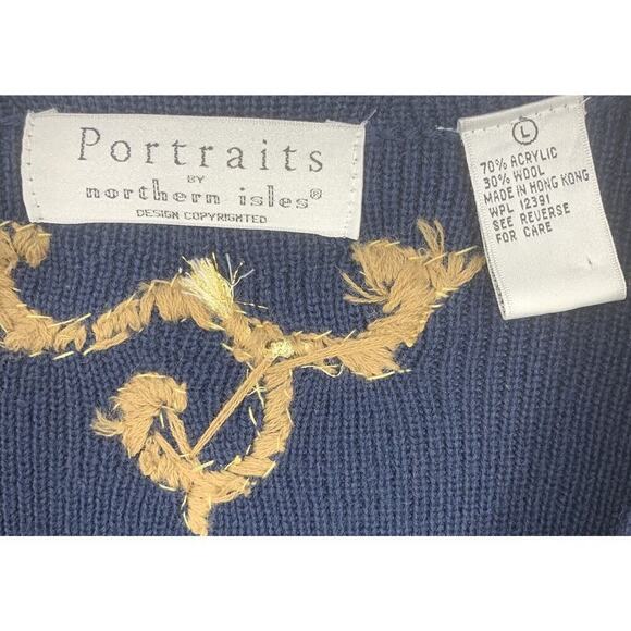 Vtg Portraits x Northern Isles Sz L Navy Blue Gold Applique Cardigan Sweater - Picture 4 of 8